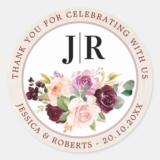 Plum Lila Blush Pink Floral Vielen Dank Runder Aufkleber (Vorderseite)