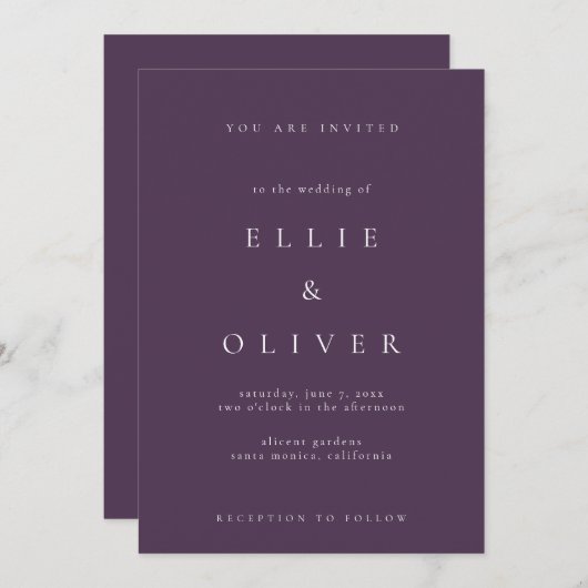 Plum Lila Boho Elegant Minimalistisch Hochzeit Einladung (Vorne/Hinten)