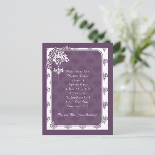 Plum Lila Damask Probe Einladungen (Stehend Vorderseite)