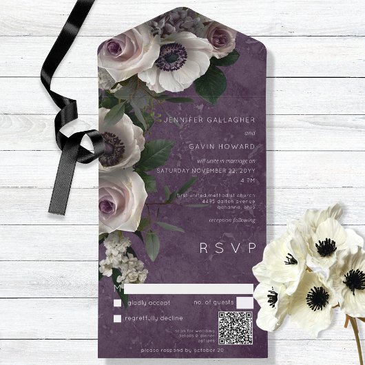 Plum Lila Elegant Floral Modern QR Code All In One Einladung
