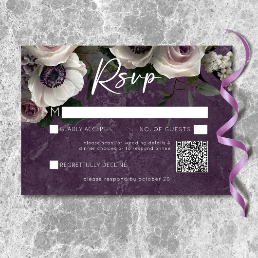 Plum Lila Elegant Floral Modern Wedding QR Code RSVP Karte