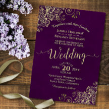 Plum Lila Elegant Lacy Gold Calligraphy Wedding