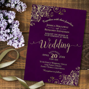 Plum Lila Elegant Lacy Gold Calligraphy Wedding Einladung