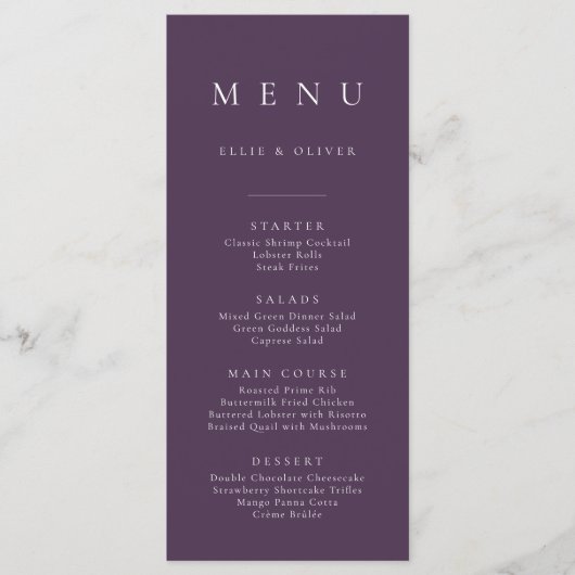 Plum Lila Elegant Minimalistisch Simple Flat I Men Menükarte (Vorderseite)