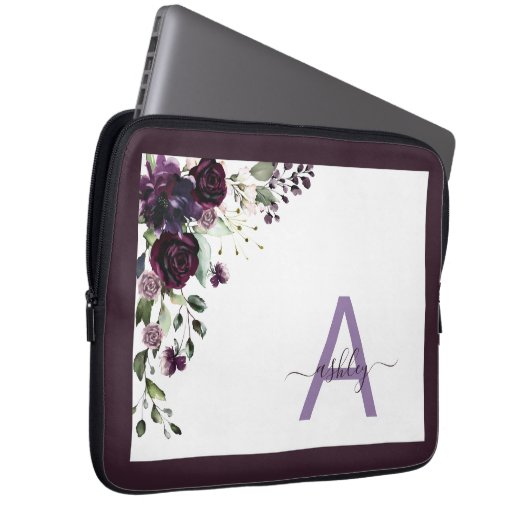 Plum Lila floral Script Name Monogram Initial Laptopschutzhülle (Vorne Rechts)