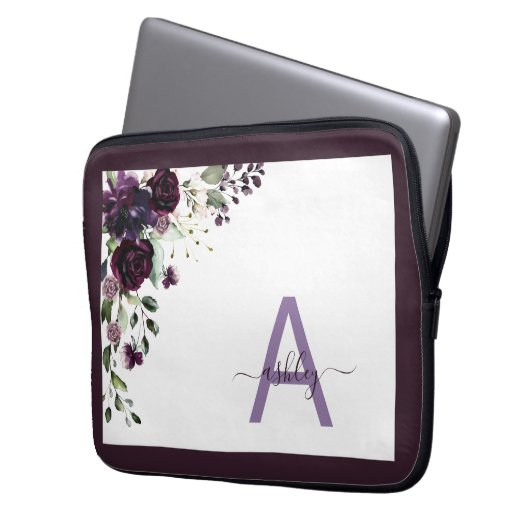 Plum Lila floral Script Name Monogram Initial Laptopschutzhülle (Vorderseite Links)