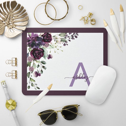 Plum Lila floral Script Name Monogram Initial Mousepad