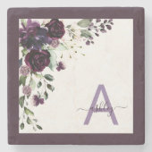 Plum Lila floral Script Name Monogram Initial Steinuntersetzer (Vorderseite)