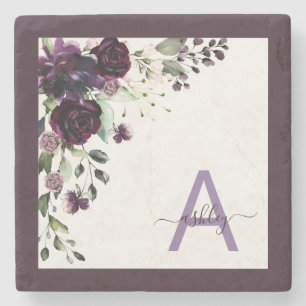 Plum Lila floral Script Name Monogram Initial Steinuntersetzer