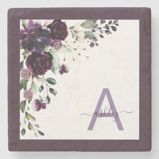 Plum Lila floral Script Name Monogram Initial Steinuntersetzer (Vorderseite)