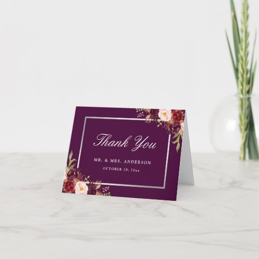 Plum Lila Floral Silver Gray Wedding Danke (Vorderseite)