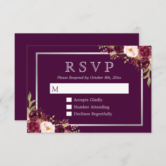 Plum Lila floral Silver Gray Wedding RSVP (Vorne/Hinten)