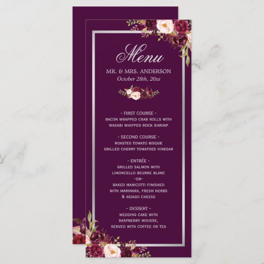 Plum Lila Floral Silver Grey Wedding Menu Card Menükarte (Vorne/Hinten)