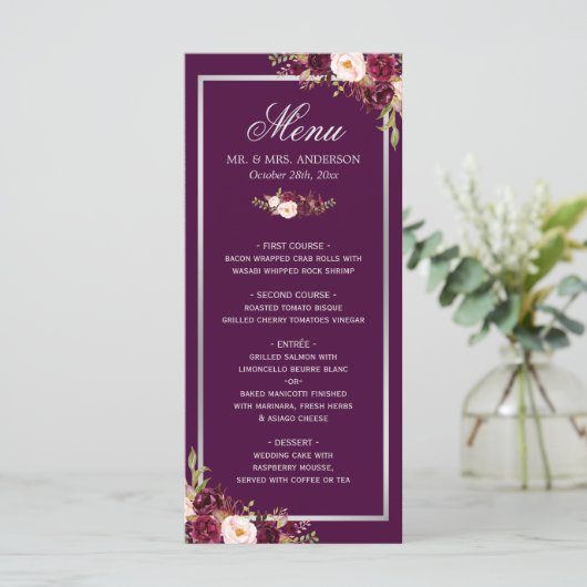 Plum Lila Floral Silver Grey Wedding Menu Card Menükarte (Stehend Vorderseite)