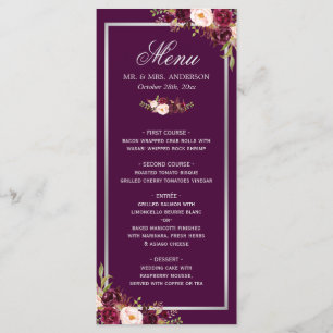 Plum Lila Floral Silver Grey Wedding Menu Card Menükarte
