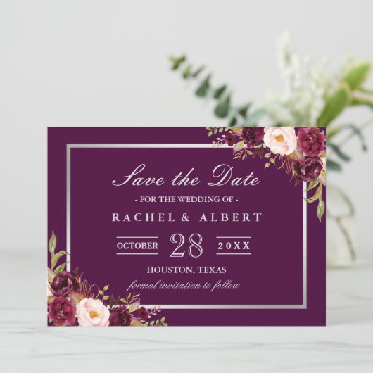 Plum Lila Floral Silver Save the Date grau (Stehend Vorderseite)