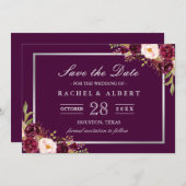 Plum Lila Floral Silver Save the Date grau (Vorne/Hinten)