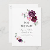 Plum Lila Floral Wasserfarben Save the Date Ankündigungspostkarte (Vorne/Hinten)