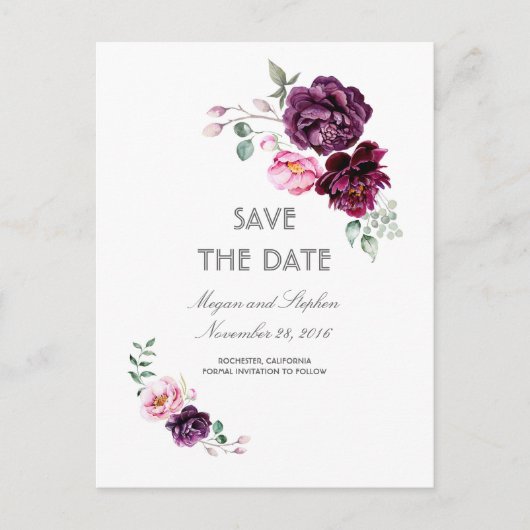 Plum Lila Floral Wasserfarben Save the Date Ankündigungspostkarte (Vorderseite)