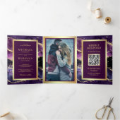 Plum Lila Gold Agate Marble QR Code Wedding Dreifach Gefaltete Einladung (Innenseite)