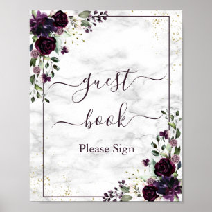 Plum Lila Gold Floral Marmor Gästebuchzeichen Poster