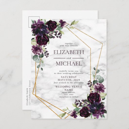 Plum Lila Gold Geometric Marble Postcard Wedding Ankündigungspostkarte (Vorne/Hinten)