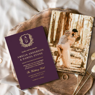 Plum Lila Gold Leafy Wappen Foto Hochzeit Folieneinladung