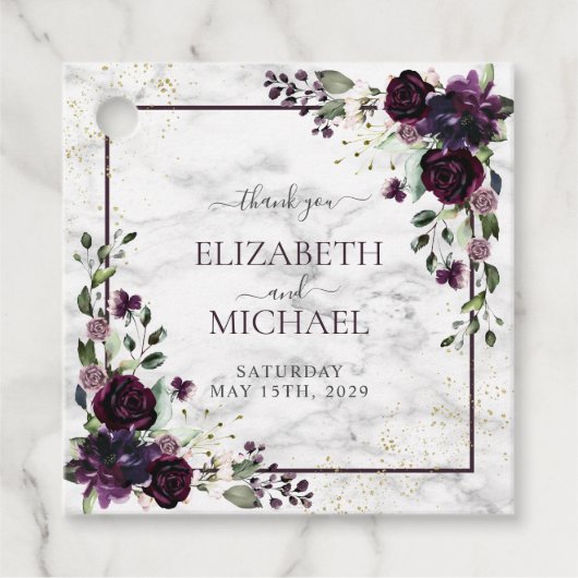 Plum Lila Gold Marmor Wasserfarbe Hochzeit im Herb Geschenkanhänger (Vorderseite)