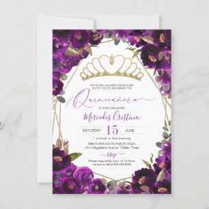 Plum Lila Gold Watercolor Floral Quinceañera Inv. Einladung