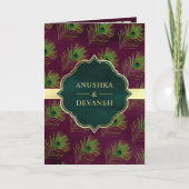 Plum Lila Green Peacock Feathers QR Code Wedding Einladung (Vorderseite)