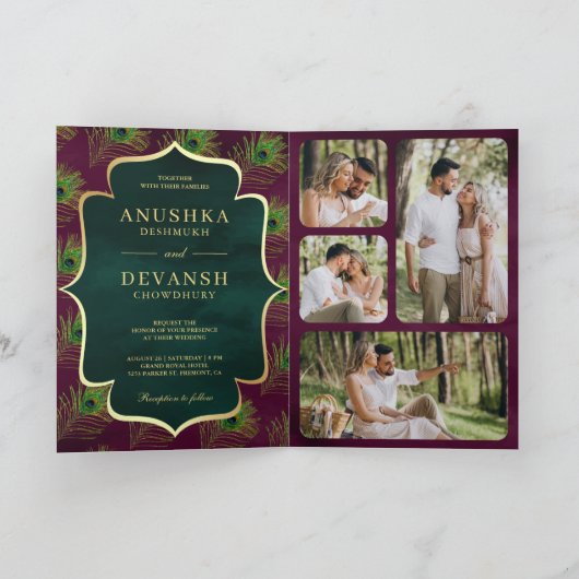 Plum Lila Green Peacock Feathers QR Code Wedding Einladung (Innenseite)