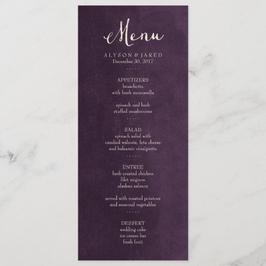 Plum Lila Hochzeitkarte Menükarte (Vorderseite)