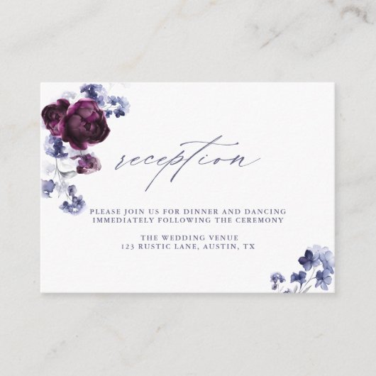 Plum Lila & Indigo Blue Floral Hochzeitsempfang Begleitkarte (Vorderseite)