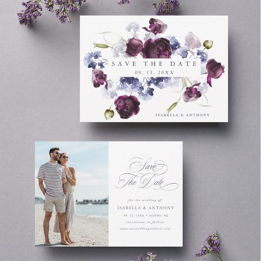 Plum Lila & Indigo Blue Floral Wedding Foto Save The Date