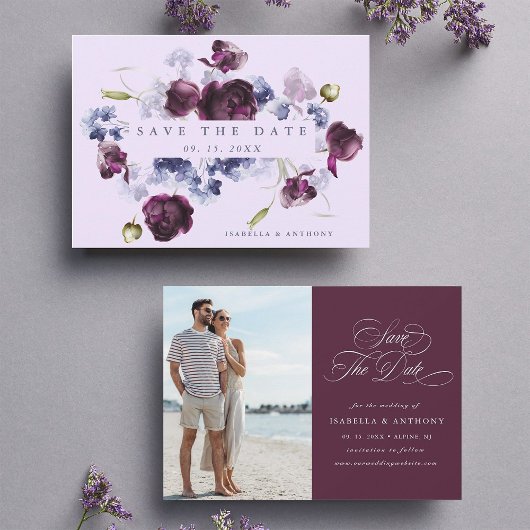 Plum Lila & Indigo Blue Floral Wedding Foto Save The Date