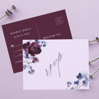 Plum Lila & Indigo Blue Floral Wedding RSVP