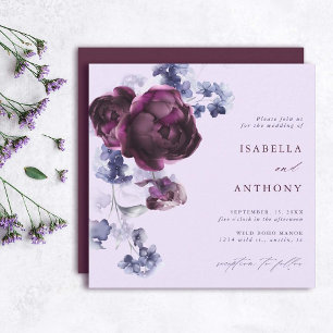 Plum Lila & Indigo Blue Floral Wedding Square Einladung