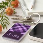 Plum Lila Karierter Monogramm-Rectangle-Schlüssela Schlüsselanhänger (Vorderseite rechts)