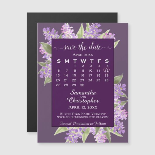 Plum Lila Lilacs Wedding Save the Date Calendar Magneteinladung (Vorne/Hinten)