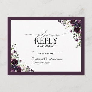 Plum Lila Mauve Watercolor Floral Wedding RSVP Einladungspostkarte