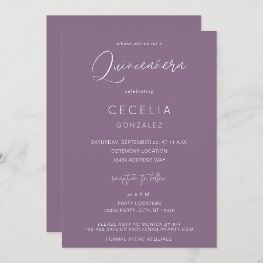 Plum Lila MOD Calligraphy Quinceanera & Zeremonie Einladung (Vorne/Hinten)