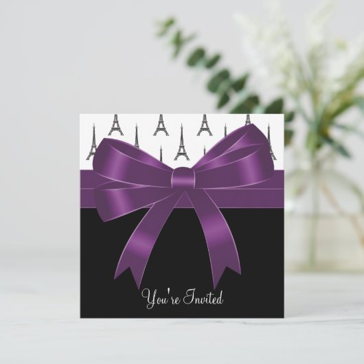 Plum Lila Paris Eiffel Tower Party Einladung (Stehend Vorderseite)