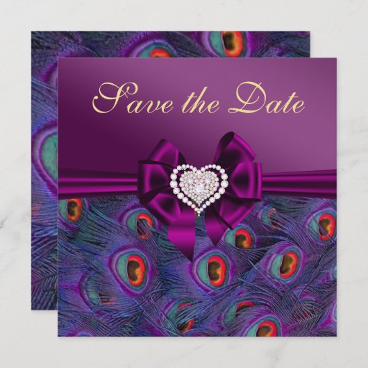 Plum Lila Peacock Save the Date (Vorne/Hinten)