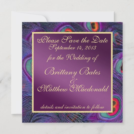 Plum Lila Peacock Save the Date (Rückseite)
