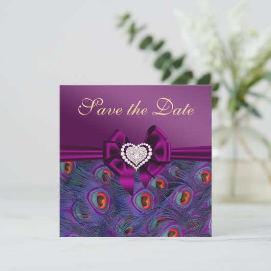 Plum Lila Peacock Save the Date (Stehend Vorderseite)