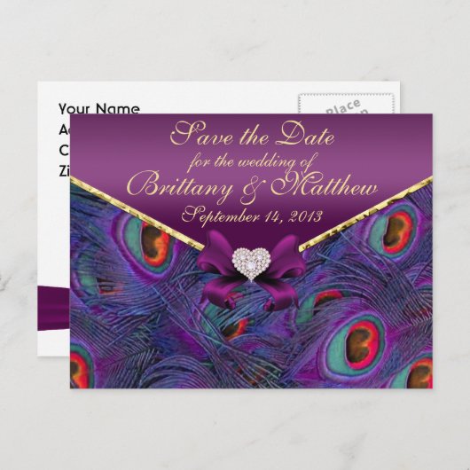 Plum Lila Peacock Save the Date Postkarte (Vorne/Hinten)