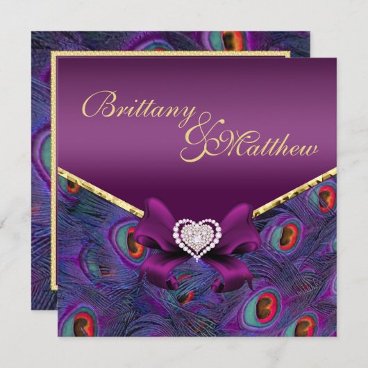Plum Lila Peacock Wedding Einladung (Vorne/Hinten)
