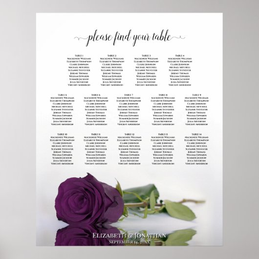 Plum Lila Rose 14 Tabelle Hochzeitsdiagramm Poster (Vorne)