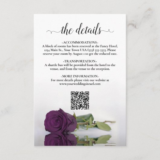 Plum Lila Rose Elegante Wedding Details QR Code Begleitkarte (Vorderseite)
