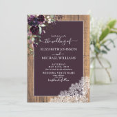 Plum Lila Rustic Wood Script Foto Wedding Einladung (Stehend Vorderseite)